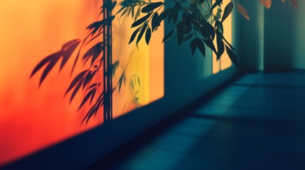 Silhouette of a plant casting a shadow on a window with a colorful background.