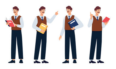 Fototapeta premium Male characters explain classes isolated on white background. Set of character a handsome man in casual clothes in different poses. Teacher collection concept. Vector illustration.