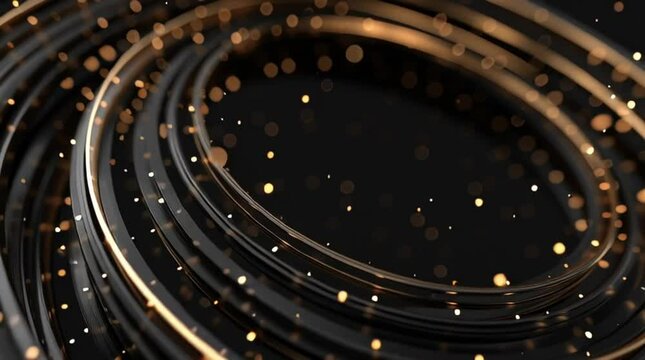 Black circular tech rings rotating with golden accents, elegant loop animation