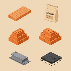 An isometric vector illustration showcasing a diverse collection of essential construction materials including wood, cement, bricks, steel, and asphalt.