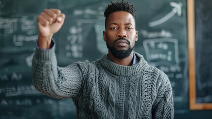 African American teacher in knitted sweater raises his fist confidently in front of a chalkboard filled with mathematical equations, symbolizing strike empowerment and determination in education
