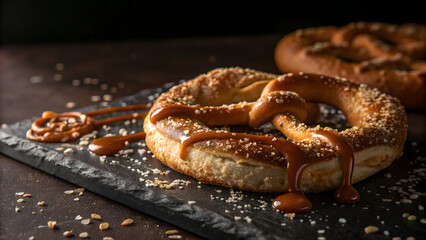 Sweet Pretzel Delight: A delectable close-up showcases a freshly baked pretzel generously drizzled with caramel sauce, tantalizing the senses.