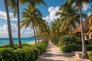 Tropical Paradise of Lush Palm Trees and Vibrant Foliage in Punta Cana Coastline