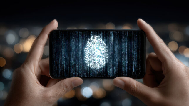 Hands holding smartphone showing deepfake with warning signs about misinformation and technology abuse in a digital environment