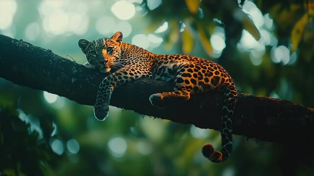 A majestic leopard rests on a tree branch in a lush, green forest