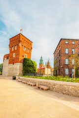 Wawel castle landmark with city view near river in Krakow Poland. Autumn landscape on coast river Wisla