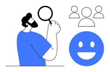 Man holding magnifying glass, observing happy emoticon and group icons. Ideal for teamwork, customer satisfaction, analytics, user feedback, hiring, performance, simple landing page