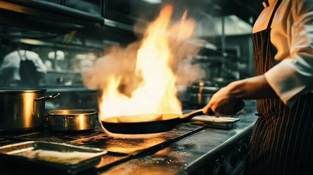 Culinary Flames: A culinary artist expertly maneuvers a fiery pan in a commercial kitchen, capturing the dynamic energy and skill of high-heat cooking, creating an atmosphere of culinary artistry.