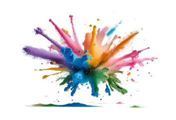 Dynamic explosion of vibrant multicolor powder paint creating a beautiful abstract splash against a clean white background.