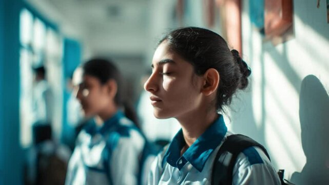 Daydreaming in the Hallway: A young girl stands in a sunlit school hallway, her eyes gently closed as she gets lost in her thoughts. The soft light accentuates her features.