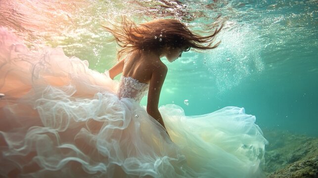 A woman in a white wedding dress swims underwater with her hair flowing around her. The sunlight shines through the water, creating a magical effect. - Powered by Adobe