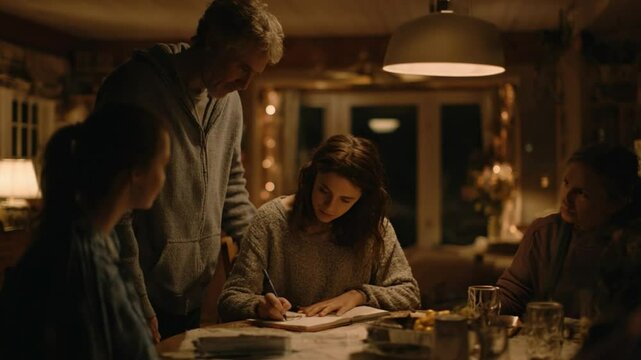 Family Gathering at Table: A heartwarming tableau of a family engrossed in a shared activity, united around a table with the warm glow of soft lighting, creating a moment of connection and tenderness.