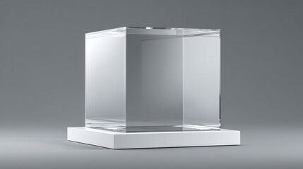 Glass or plastic cube on white stand view Blank clear square showcase exhibit podium crystal block Mockup of 3d acrylic or plexiglass box for display isolated on grey background. 3d illustration.