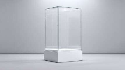 Glass or plastic cube on white stand view Blank clear square showcase exhibit podium crystal block Mockup of 3d acrylic or plexiglass box for display isolated on grey background. 3d illustration.