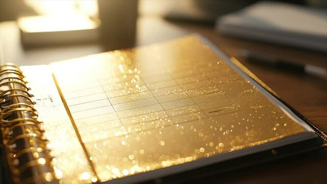 Sunlit planner with water droplets on its open pages