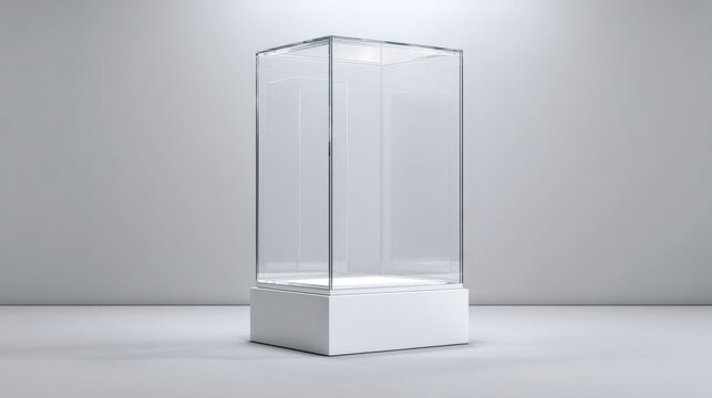 Glass or plastic cube on white stand view Blank clear square showcase exhibit podium crystal block Mockup of 3d acrylic or plexiglass box for display isolated on grey background. 3d illustration.