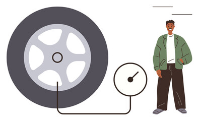 Large car tire linked to air pressure gauge with a man in a casual outfit nearby. Ideal for car maintenance, safety tips, travel, mechanics, transportation, efficiency, simple flat metaphor