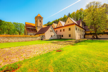 Medieval monastery Cerveny Klastor near Peak Tri Koruny or Trzy Korony in Pieniny National park in Slovakia and Poland © Zedspider