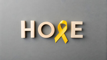 Hope with Ribbon: A heartening composition displaying the word "HOPE" spelled out in elegant letters, beautifully complemented by a symbolic yellow ribbon. conveying a message of optimism, support.