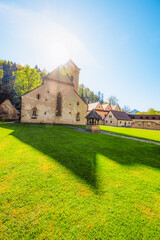 Medieval monastery Cerveny Klastor near Peak Tri Koruny or Trzy Korony in Pieniny National park in Slovakia and Poland © Zedspider