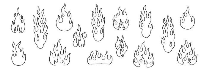 Minimal flame icon set with hand drawn outline in black line art style. Vector illustration of doodle fire symbols with simple shapes.