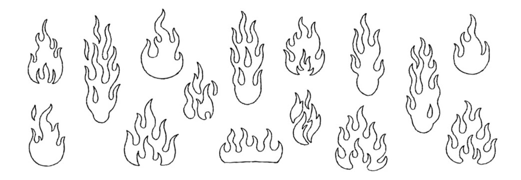 Minimal flame icon set with hand drawn outline in black line art style. Vector illustration of doodle fire symbols with simple shapes.
