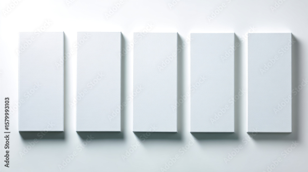 Fototapete 5 blank white canvases on wall. blank picture frames isolated on white background. mock up, 3d rende