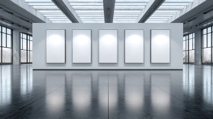 5 blank white canvases on wall. Blank picture frames on concrete wall background. Mock up, 3D Rendering. 3d illustration.
