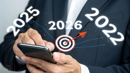 A person's hands grasp a mobile phone screen displaying digital year targets and strategic future planning for business achievement.