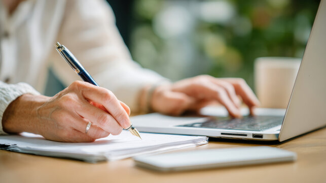  A journalist composing an article on a laptop, receiving suggestions from an AI writing assistant for content optimization and grammar correction.