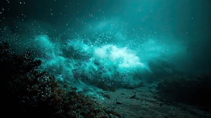 Obraz premium Underwater view of turbulent water with light filtering through, creating a dynamic and ethereal scene with seabed visible.