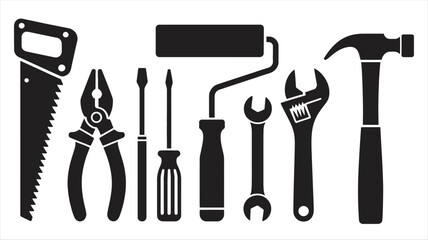 Fototapeta premium Black Silhouette Vector Icons of Construction Hand Tools for Maintenance and Repair Projects