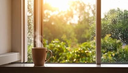 Steaming coffee mug on rainy windowsill, peaceful morning scene