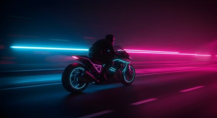 Futuristic motorcycle rider silhouette on a neon highway at night