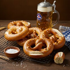 freshly baked German pretzels (Brezeln) on a cooling rack, with a small bowl of coarse salt and a classic beer stein in the background