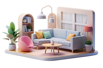 A cozy modern living room scene with a sofa, chair, and coffee table isolated on transparent background
