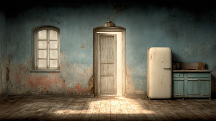 Worn kitchen showcasing an empty refrigerator against faded walls and floors, reflecting poverty and neglect in a small living space