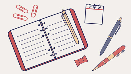 Illustration of an open notebook with lines, a pen on it, paper clips, a calendar, and two pens around it