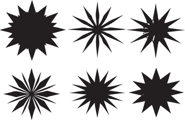 Collection of six starburst shapes in black and white illustration