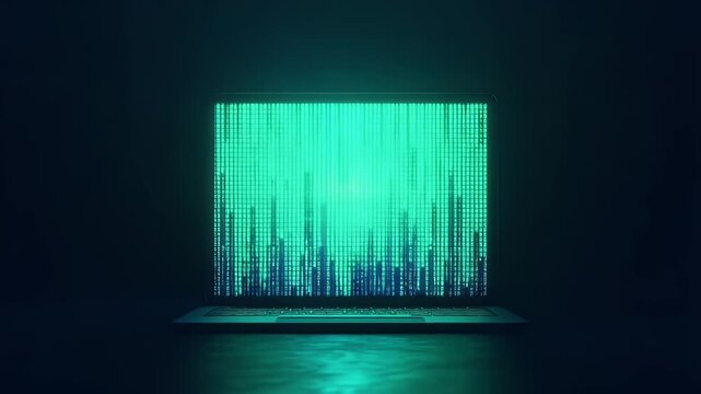 Laptop screen displaying glowing teal data
