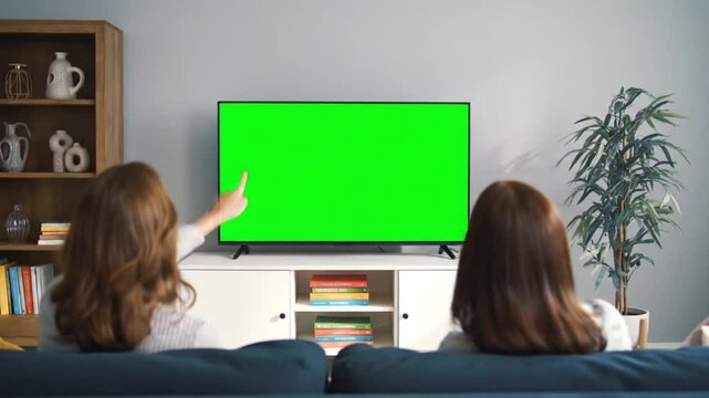 Women watching television with chroma green screen. Girlfriends switching channels on tv with remote controller, sitting on sofa together in living room. Spare time at home, relaxing.