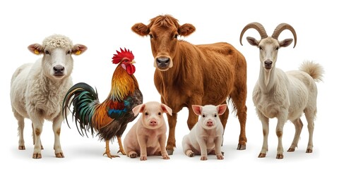 Variety of farm animals in front of white background.