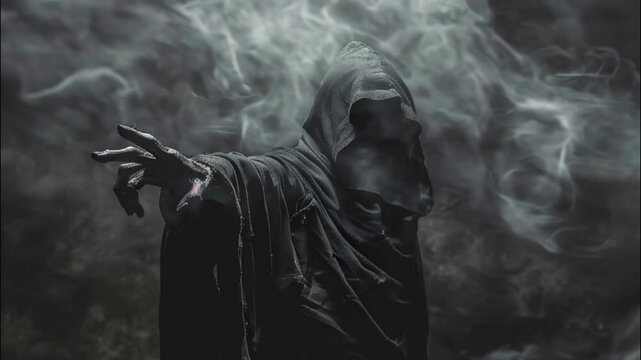 Scary grim reaper with sharp scythe in hell with dramatic background