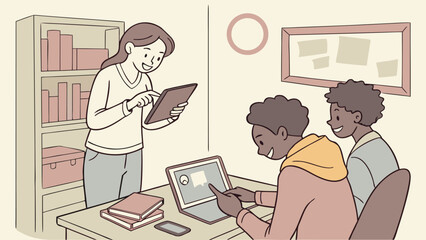 Woman using tablet near bookshelf and two students working on laptop in a room with bulletin board art