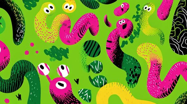Colorful abstract creatures wiggling on green background, animated character texture
