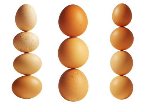 Brown eggs stacked vertically, balancing on top of each other isolated on white transparent background. Concept of Easter, food, fertility, and organic nutrition - Powered by Adobe
