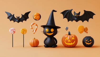 Halloween cute 3D character elements set with black witch cat, flying vampire bat, smiling jack-o'-lantern, candy, and wizard hat