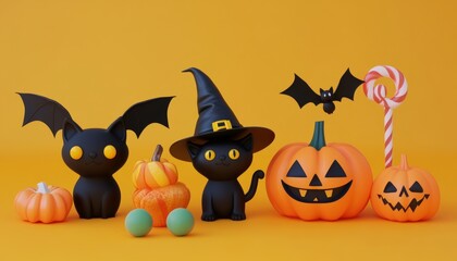 Halloween cute 3D character elements set with black witch cat, flying vampire bat, smiling jack-o'-lantern, candy, and wizard hat