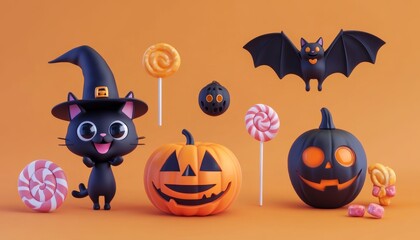Halloween cute 3D character elements set with black witch cat, flying vampire bat, smiling jack-o'-lantern, candy, and wizard hat