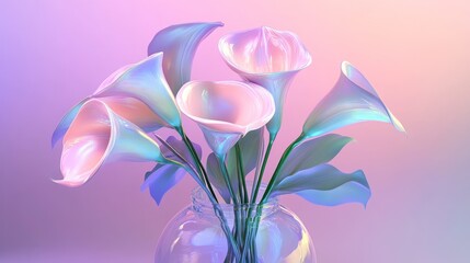 A bouquet of iridescent calla lilies in a glass vase